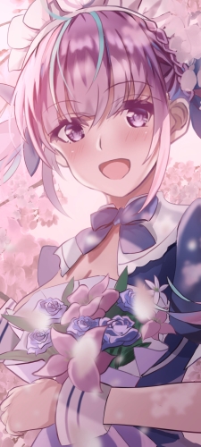 満開の桜と笑顔の湊あくあ / ホロライブ / バーチャルYouTuberのAndroid用のスマホ壁紙