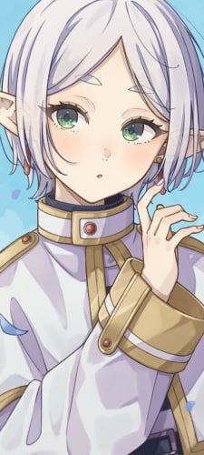 耳元のイヤリングに手をかけるフリーレン / 舞う蒼月草の花びら / 葬送のフリーレンのAndroid用のスマホ壁紙