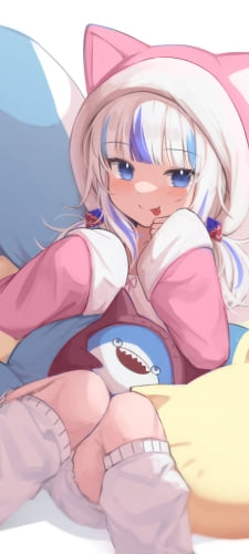 鮫のぬいぐるみに埋もれて舌を出すピンクの猫の着ぐるみを着た可愛いがうる・ぐら / ホロライブ / バーチャルYouTuber / VtuberのAndroid用のスマホ壁紙