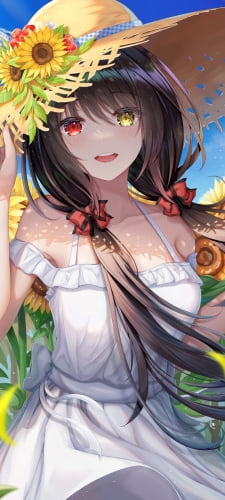 向日葵畑の中にいる時崎狂三 / 麦わら帽子 / かわいい / 夏 / デート・ア・ライブ / ファンアート / イラストのAndroid用のスマホ壁紙