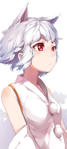赤い瞳で遠くを見つめる犬走椛 / ショートヘアー / 白い洋服 / 東方のAndroid用のスマホ壁紙