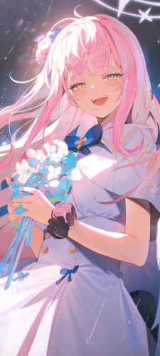 雨の中、花束を持つ聖園ミカ / ブルーアーカイブのAndroid用のスマホ壁紙