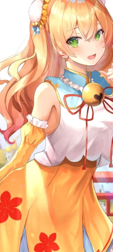 こちらに微笑む可愛い桃鈴ねね / 大きな鈴 / 緑の瞳 / オレンジの髪 / ホロライブ / バーチャルYouTuber / VtuberのAndroid用のスマホ壁紙