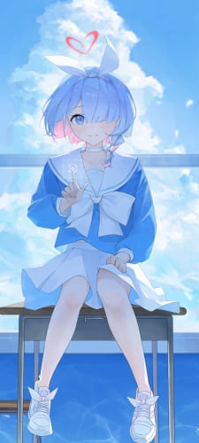 窓際の机の上に座るアロナ / ブルーアーカイブのAndroid用のスマホ壁紙