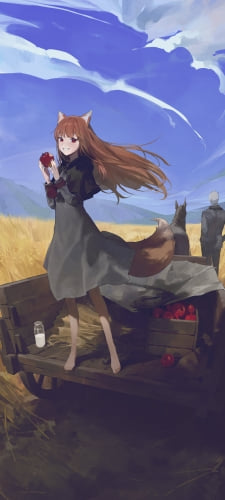 荷馬車の荷台に乗るホロ / リンゴ / 牛乳 / 稲穂 / 馬 / クラフト・ロレンス / 狼と香辛料のAndroid用のスマホ壁紙