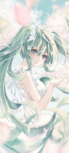 淡い色調で描かれた桜の花びらと初音ミク / ボカロ / ボーカロイドのAndroid用のスマホ壁紙