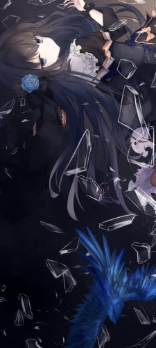 飛び散るガラスと青い鳥と対立 / アーケアのAndroid用のスマホ壁紙