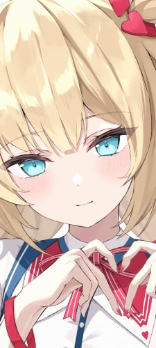 指でハートを作る赤井はあと / ブロンド / 緑の瞳 / ホロライブ / バーチャルYouTuber / VtuberのAndroid用のスマホ壁紙