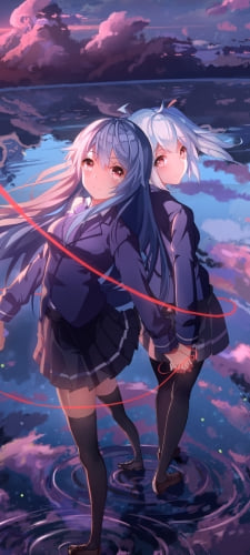 水の上で背中を合わせて立つBili Girl 33とBili Girl 32 / マスコット / Bili Bili Douga / ビリビリ動画のAndroid用のスマホ壁紙