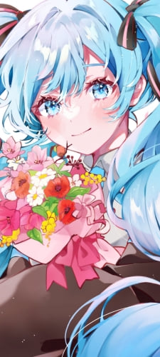 カラフルな花束を持つ可愛い初音ミク / ツインテール / ボカロ / ボーカロイドのAndroid用のスマホ壁紙