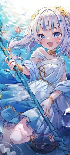 海の中で三つ又の鉾を持つ可愛いがうる・ぐら / 熱帯魚 / 水泡 / ホロライブ / バーチャルYouTuber / VtuberのAndroid用のスマホ壁紙