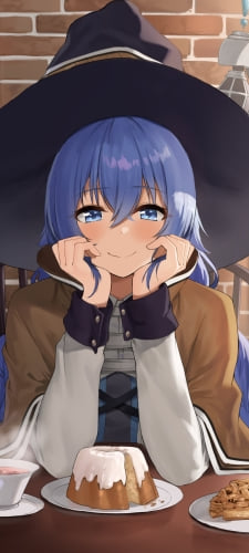 対面で微笑むロキシー・ミグルディア / アップルパイ / ホットティー / ケーキ / 無職転生のAndroid用のスマホ壁紙