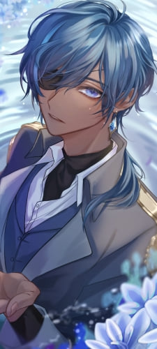 青い花と眼帯をしたガイア・アルベリヒ / 原神のAndroid用のスマホ壁紙