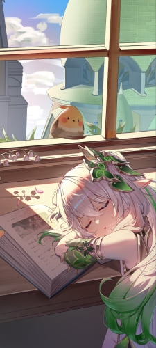 本を読みながら居眠りをするナヒーダ / 原神のAndroid用のスマホ壁紙
