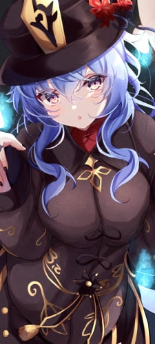 胡桃の衣装を着て両手でポーズをとる可愛い甘雨 / 怒っているお化け / 笑っているお化け / 原神のAndroid用のスマホ壁紙