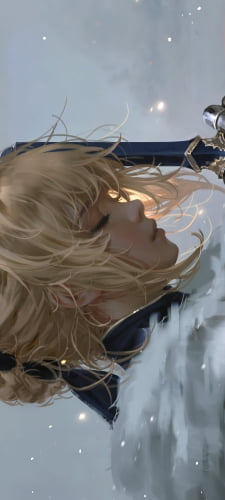 雪の中、青い剣を持ち目をつぶるアルトリア・ペンドラゴン / セイバー / リアリスティック / フェイト／ステイナイト / FateのAndroid用のスマホ壁紙