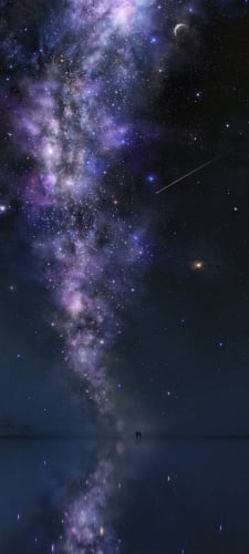 湖に映る紫の宇宙 / 星を眺めるカップルのAndroid用のスマホ壁紙