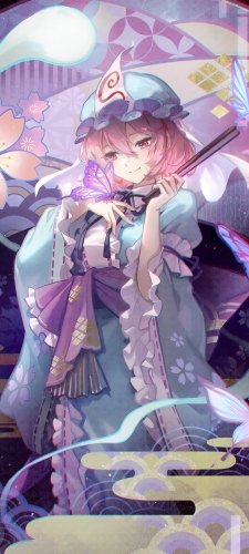 扇子を持つ西行寺幽々子 / 紫の蝶 / 東方妖々夢のAndroid用のスマホ壁紙