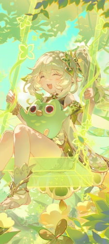 緑のブランコに乗ってはしゃぐナヒーダ / アランナラ / 原神のAndroid用のスマホ壁紙