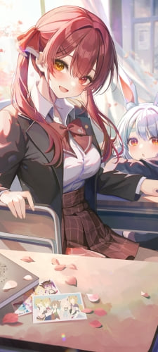 微笑む宝鐘マリンと机にうつ伏せになる兎田ぺこら / 可愛い / 桜の花びら / 学校 / ホロライブ / バーチャルYouTuber / VtuberのAndroid用のスマホ壁紙