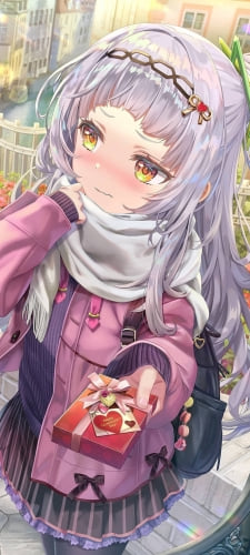 恥ずかしそうにバレンタインのチョコを渡すかわいい紫咲シオン / ファンアート / バーチャルYouTuber / ホロライブのAndroid用のスマホ壁紙