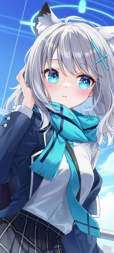 水色のマフラーを巻き髪をおさえる砂狼シロコ / ブルアカ / ブルーアーカイブのAndroid用のスマホ壁紙