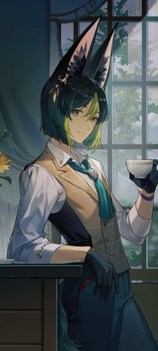 茶色の棚にもたれて珈琲を飲みこちらに微笑むティナリ / 原神のAndroid用のスマホ壁紙