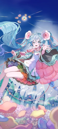カラフルな花畑と浮遊する初音ミク / マジカルミライ / ボカロ / ボーカロイドのAndroid用のスマホ壁紙