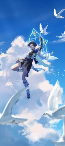 白い鳩の群れと空飛ぶスカラマシュ / 放浪者 / 夏空 / 原神のAndroid用のスマホ壁紙