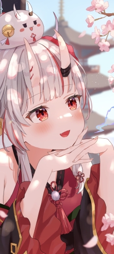うっとりして桜を見つめる百鬼あやめ / ホロライブ / バーチャルYouTuberのAndroid用のスマホ壁紙