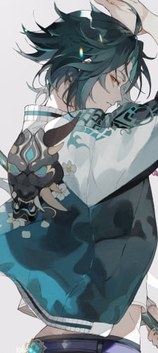 右手を挙げるかっこいい魈 (しょう) / 月を守る仙人 / 夜叉 / 降魔大聖 / 護法夜叉大将 / 原神のAndroid用のスマホ壁紙