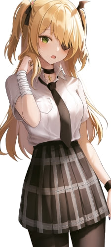 制服を着たフィッシュル / 黒いネクタイ / 眼帯 / ツーサイドアップ / 原神のAndroid用のスマホ壁紙