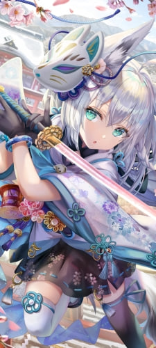 ピンクの刀を構える白上フブキ / 狐のお面 / ピンクの桜 / ホロライブ / バーチャルYouTuber / VtuberのAndroid用のスマホ壁紙