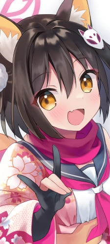 両手で狐のポーズをする笑顔の久田イズナ / ブルアカ / ブルーアーカイブのAndroid用のスマホ壁紙