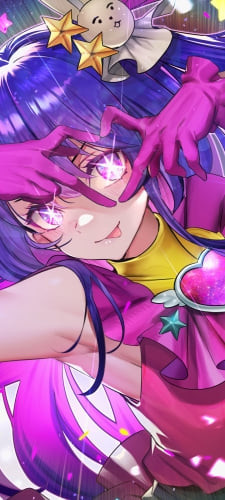 手でハートを作る舌を出した星野アイ / ピンクの手袋 / 紫の髪 / ピンクの瞳 / アイドル / 推しの子のAndroid用のスマホ壁紙