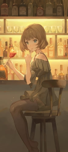 バーで赤ワインが入ったグラスを持ちこちらを見る高垣楓 / アイドルマスターシンデレラガールズのAndroid用のスマホ壁紙