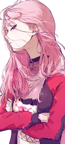 腕を組みこちらを横目で見るかっこいい森カリオペ / ホロライブ / バーチャルYouTuber / VtuberのAndroid用のスマホ壁紙