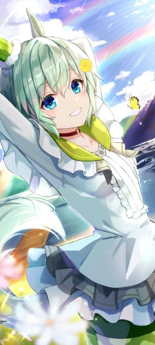 ピンクと白のコスモスとセイウンスカイ / 湖 / 山 / 虹 / ウマ娘プリティーダービーのAndroid用のスマホ壁紙