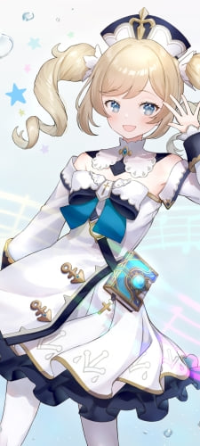 左手を挙げて挨拶をする笑顔のバーバラ / ツインテール / 原神のAndroid用のスマホ壁紙