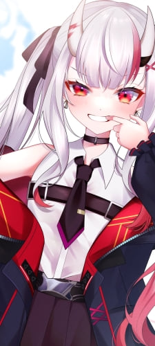 口に指をあてる可愛い百鬼あやめ / 角 / 笑顔 / ホロライブ / バーチャルYouTuber / VtuberのAndroid用のスマホ壁紙