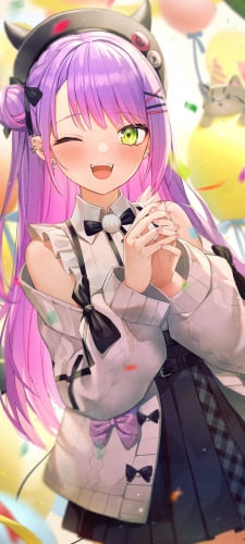 両手をあわせてウィンクする笑顔の常闇トワ / ビビ / こたろう / ホロライブ / バーチャルYouTuber / VtuberのAndroid用のスマホ壁紙