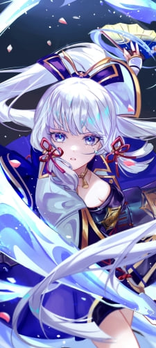 氷の剣を振るうかっこいい神里綾華 / 正面 / 扇 / 原神のAndroid用のスマホ壁紙