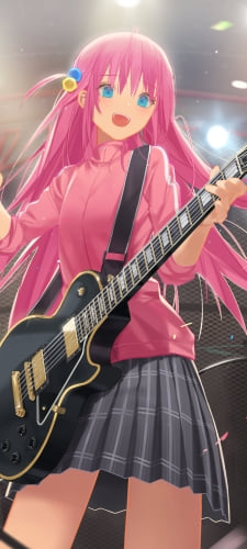 笑顔で黒いギターを弾くステージ上の後藤ひとり / ピンクの服 / 青・黄色の髪飾り / ぼっち・ざ・ろっく!のAndroid用のスマホ壁紙