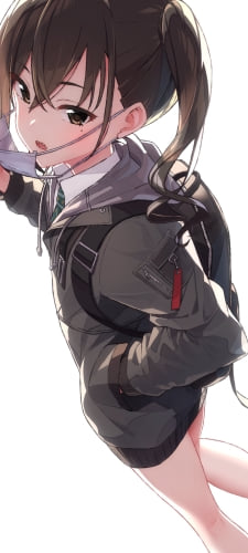 白いマスクを引っ張る黒いリュックを背負った可愛い砂塚あきら / アイドルマスターシンデレラガールズのAndroid用のスマホ壁紙