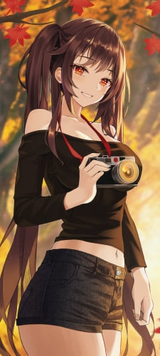 一眼レフカメラを持って微笑む胡桃 / 紅葉 / 原神のAndroid用のスマホ壁紙