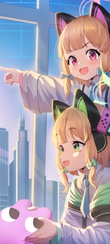 窓の外を見る才羽モモイと才羽ミドリ / ブルーアーカイブのAndroid用のスマホ壁紙