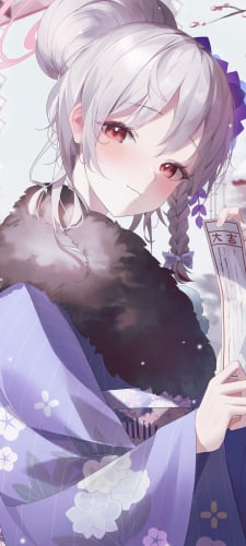 大吉のおみくじを持つ黒舘ハルナ / 紫の着物 / お参り / ブルアカ / ブルーアーカイブのAndroid用のスマホ壁紙