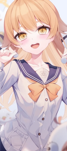 笑顔の阿慈谷ヒフミ / ペロロ様 / セーラー服 / 黄色いリボン / ブルアカ / ブルーアーカイブのAndroid用のスマホ壁紙