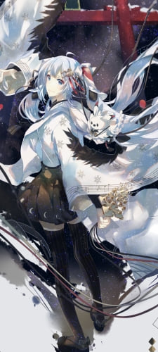 赤い鳥居とこちらを振り返る雪ミクとラビット・ユキネ / 初音ミク / ボカロ / ボーカロイドのAndroid用のスマホ壁紙