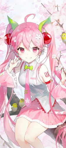 木の上に座って鶯に囲まれた桜ミク / ボカロ / ボーカロイドのAndroid用のスマホ壁紙